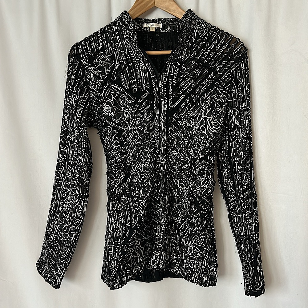 Obstine’e Vintage Black/White Geometric Zip Front Long Sleeve Jacket Top *Sz 8*
